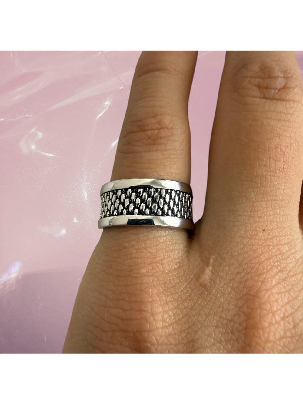 Vintage grunge woven texture thick band pinky ring 925 Sterling Silver Size 4
